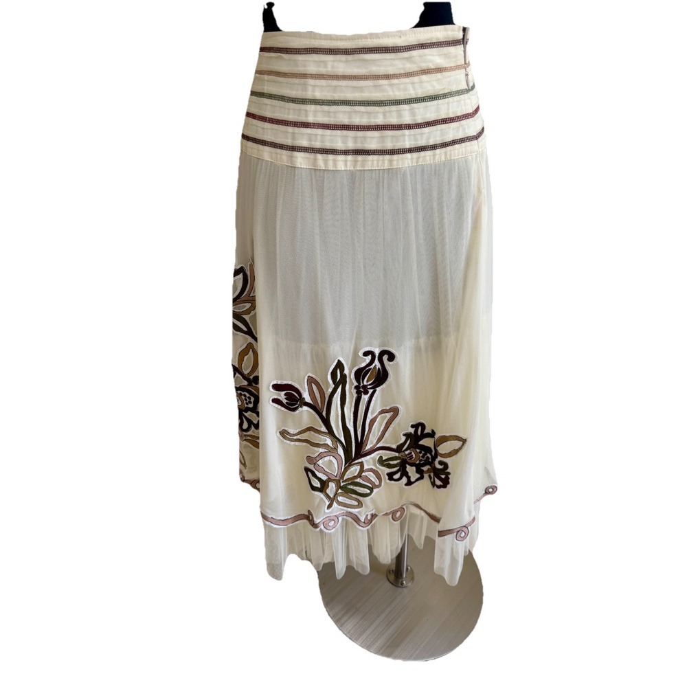 Basil & Maude Skirt Woman's Sz. 4 Midi A Line Cream Embroidered Gauze Tulle Hem